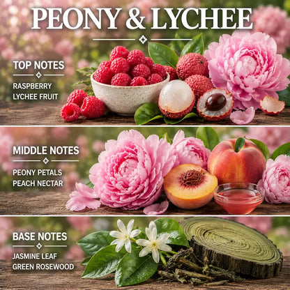 Peony & Lychee scented candle display ing fruits and flowers in a garden setting.
