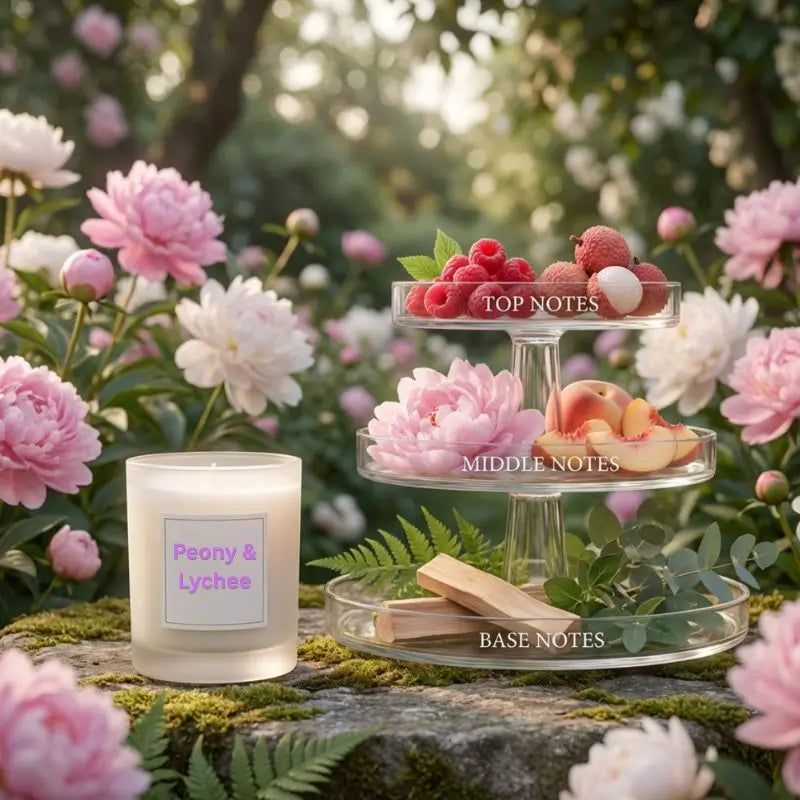 Peony & Lychee scented candle with a tiered display of fruits and flowers in a garden setting.