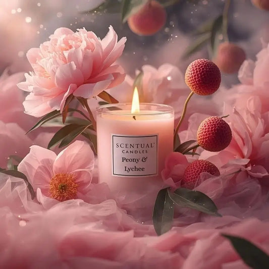 Lychee Scented Candle with peony flowers and lychee fruit in a lush, elegant setting