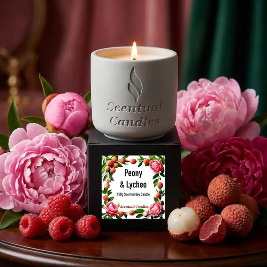 Scentual Candles Peony & Lychee scented candle with pink flowers and lychees on a wooden surface
