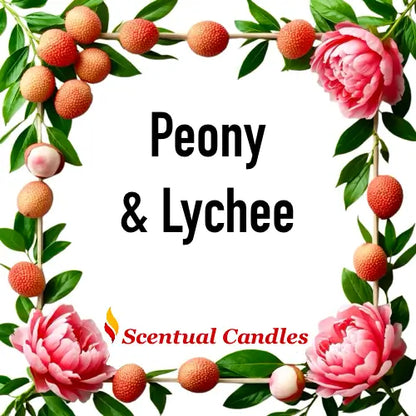 Lychee Scented Candle with peony and lychee fruit design, capturing tropical fragrance essence in a visual display.