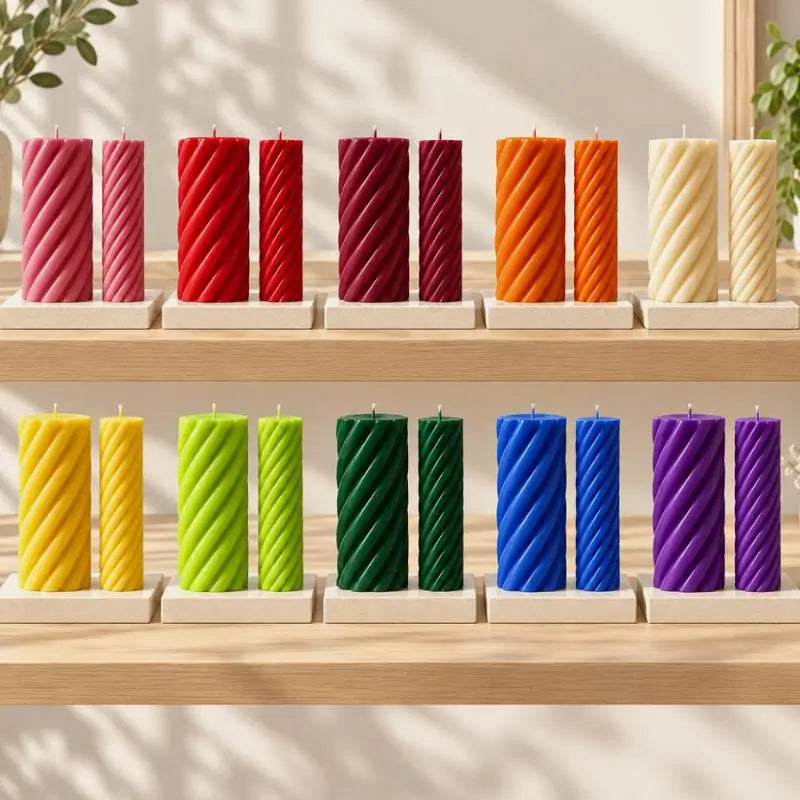 Pillar Candle Set featuring two spiral columns in assorted colors, displayed on a wooden shelf for decorative accents.
