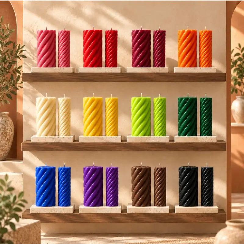 Pillar Candle Set displaying vibrant spiral columns in various colors on a wooden shelf.