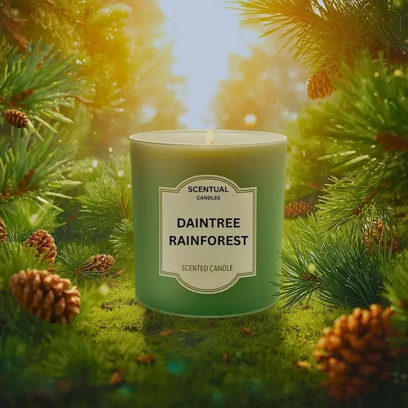 Scentual Candles Pine Scented Daintree Rainforest candle surrounded by pine branches and cones.