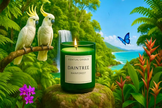 Scentual candles Pine scented 'Daintree Rainforest' in a tropical setting with parrots and a butterfly.