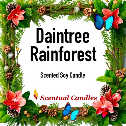 Scentual Candles Daintree Rainforest Pine scented soy candle packaging with greenery, flowers, and butterflies.