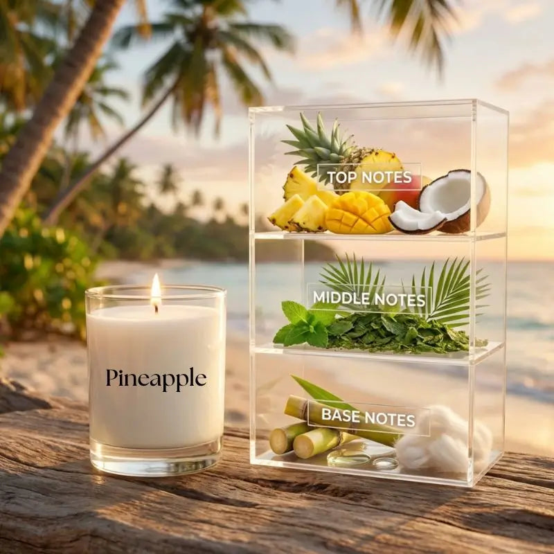 Pineapple scented candle with a transparent container showing ingredients on a beach setting