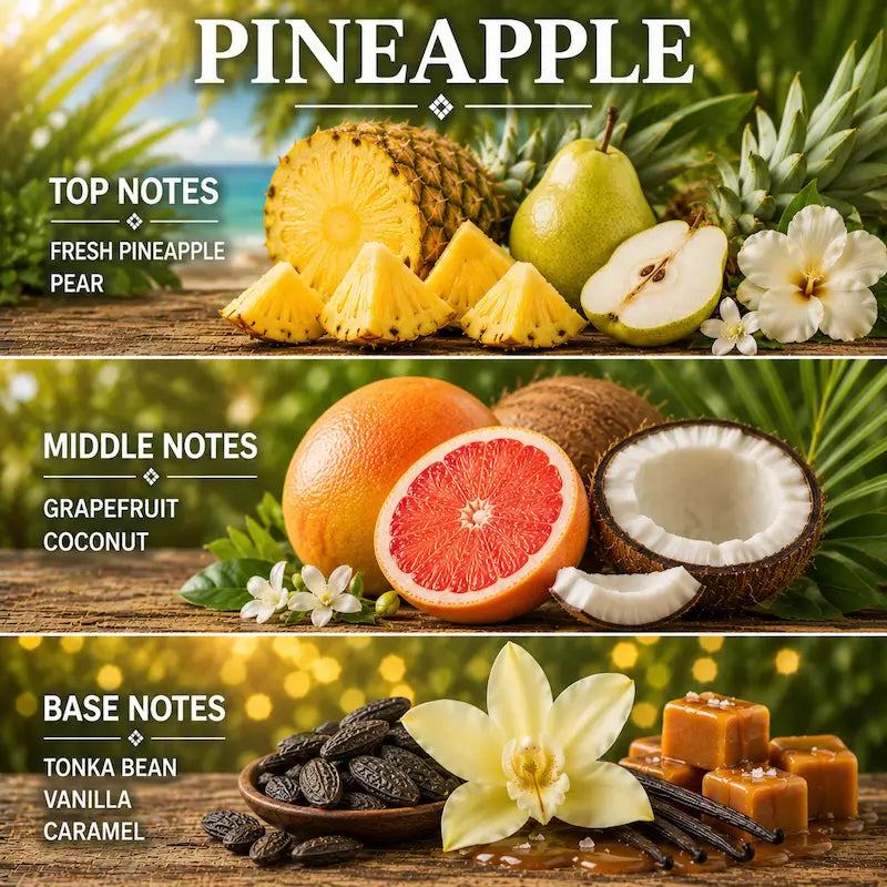 Pineapple Candle fragrance notes including fresh pineapple, pear, grapefruit, coconut, and tonka bean.