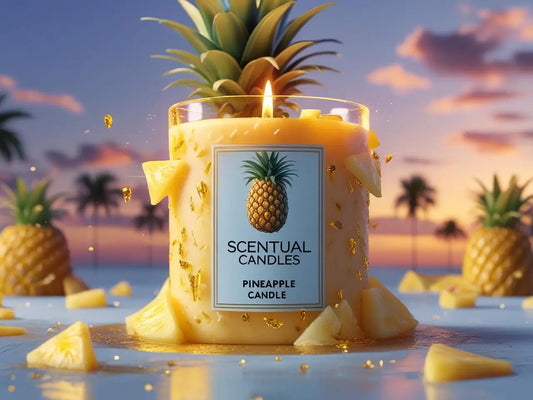 Pineapple candle with 'Scentual Candles' label on a beach sunset background