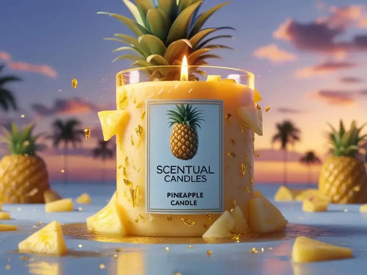 Pineapple candle with 'Scentual Candles' label on a beach sunset background