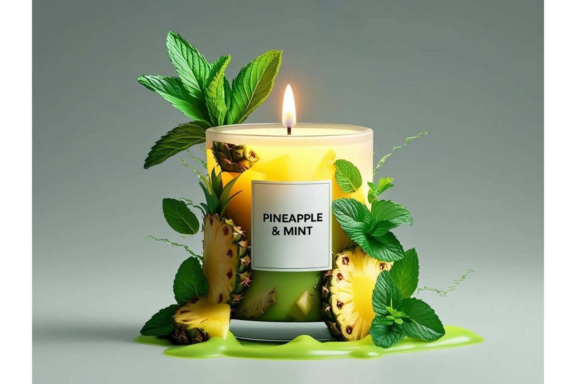 Candle with pineapple and mint design on a gray background