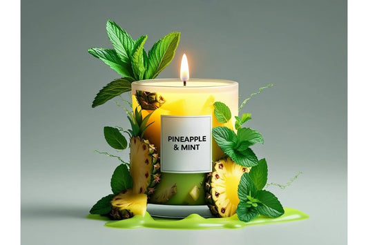 Candle with pineapple and mint design on a gray background