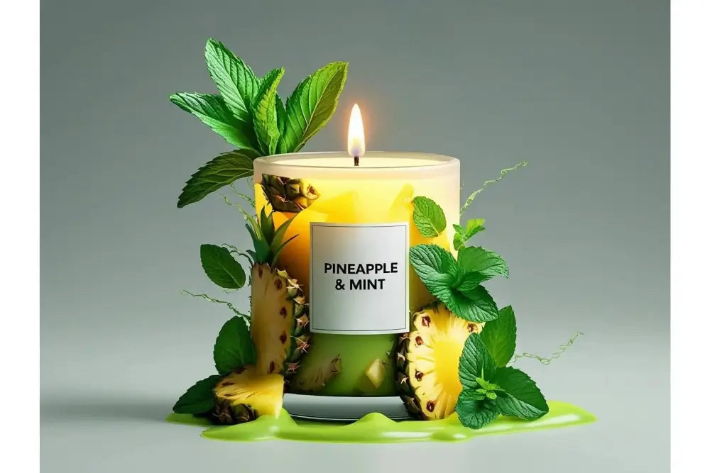 Candle with pineapple and mint fragrance on a gray background