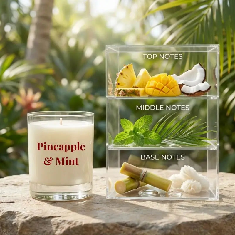 Mini Candles set with Pineapple & Mint scent showcasing top, middle, and base notes in a tropical setting.