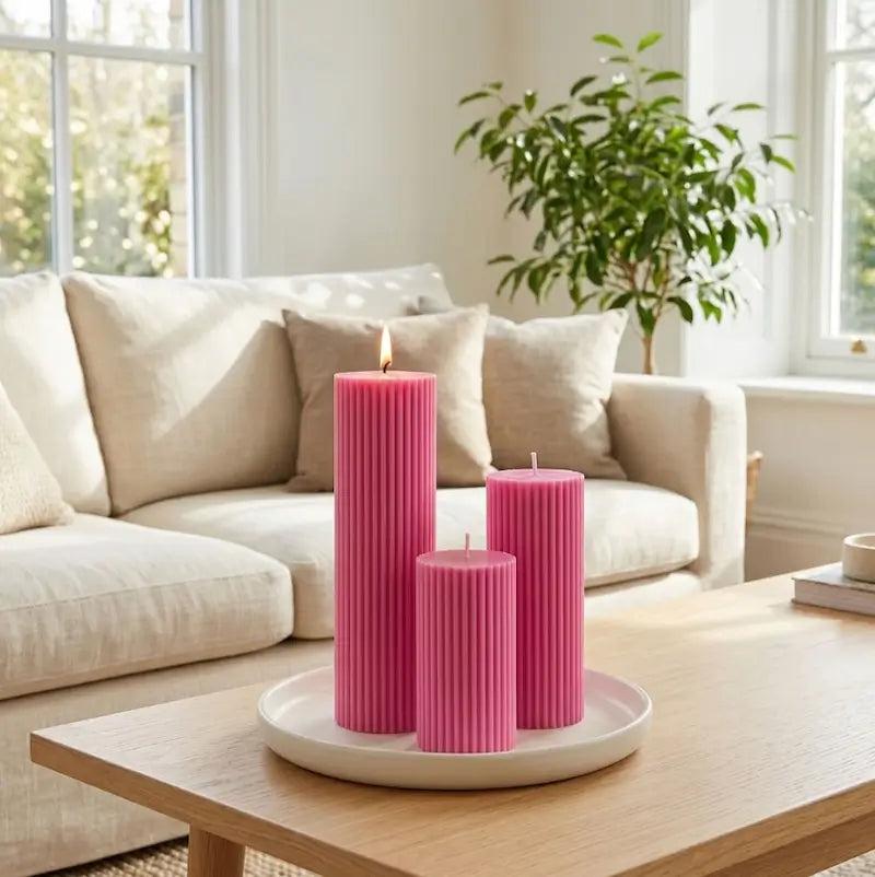 Ribbed Candles - Set of 3 Pillars in pink displayed on a coffee table in a cozy living room.