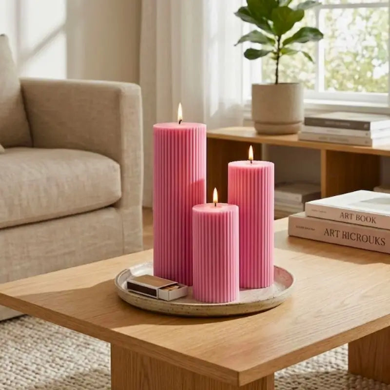Ribbed Candles - Set of 3 Pillars in pink on a coffee table, showcasing height and texture with warm light.