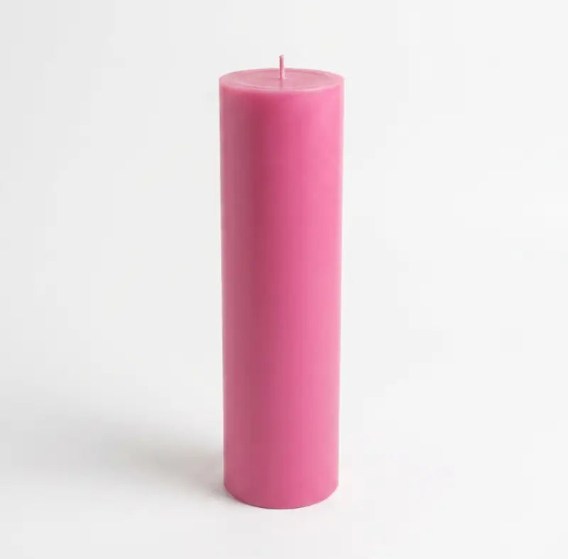 Tall Candle in vibrant pink, handcrafted, 30cm by 7cm, made of premium soy and palm wax blend.