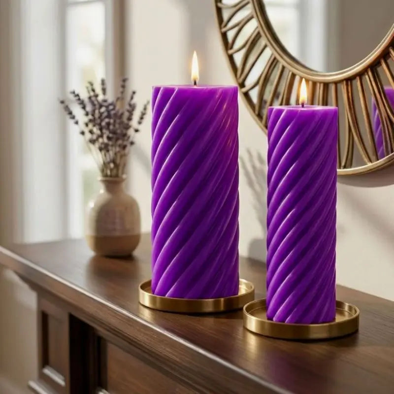 Pillar Candle Set featuring two spiral columns in purple, perfect for elegant home decor.