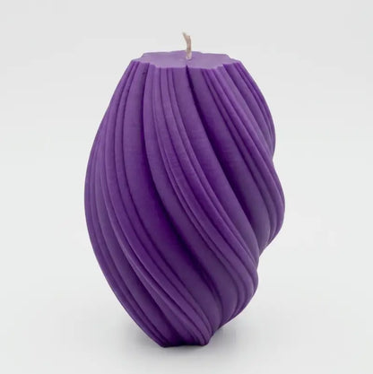 Large Pillar Candle in a unique swirly shape, handcrafted in purple, ideal for decor and scented ambiance.