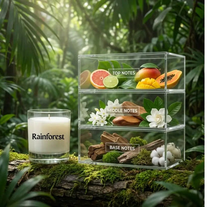 Rainforest scented candle with a transparent display case showing fruit and floral elements on a forest background.