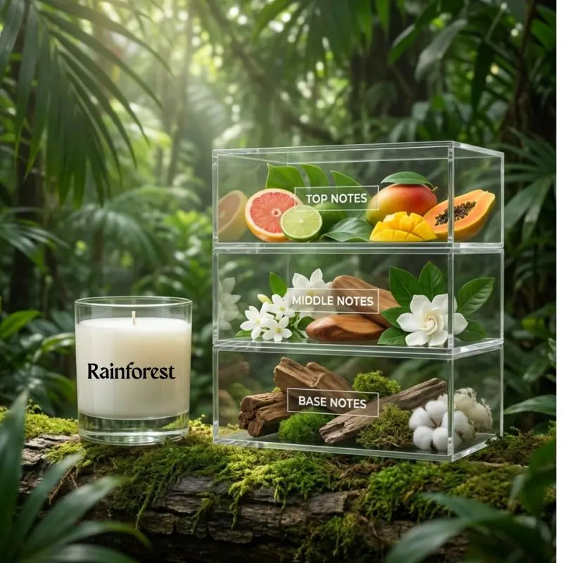Relax Candle Pack featuring Rainforest scent with fragrance notes displayed, evoking nature and tranquility.