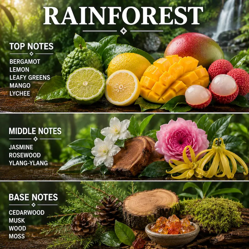 Rainforest scented candle displaying fruit and floral elements on a forest background.