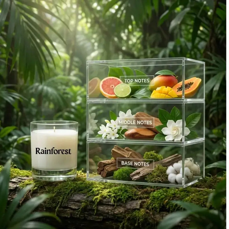 Fresh Scented Candle set displayed with top, middle, and base notes in a lush rainforest setting.