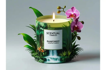 Scentual Candles Rainforest scented candle with decorative elements on a light gray background