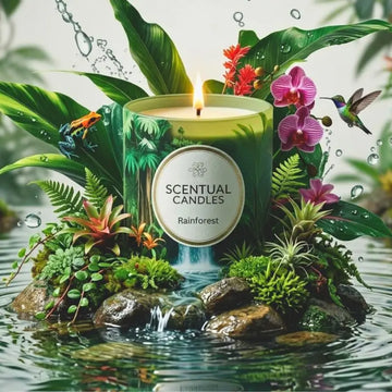 Rainforest Scented Candle surrounded by lush foliage and vibrant flowers, capturing the essence of a serene rainforest.