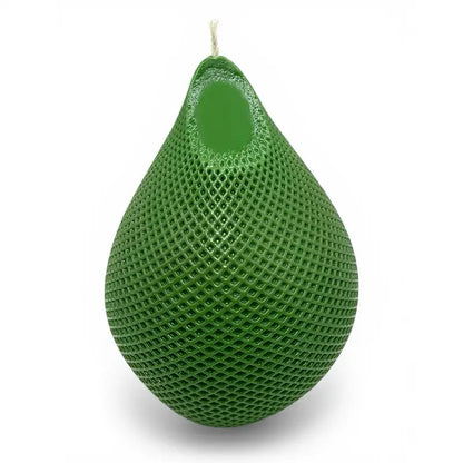 Water Drop Candle with lattice texture in bold green, geometric teardrop-shaped pillar, modern style home decor.