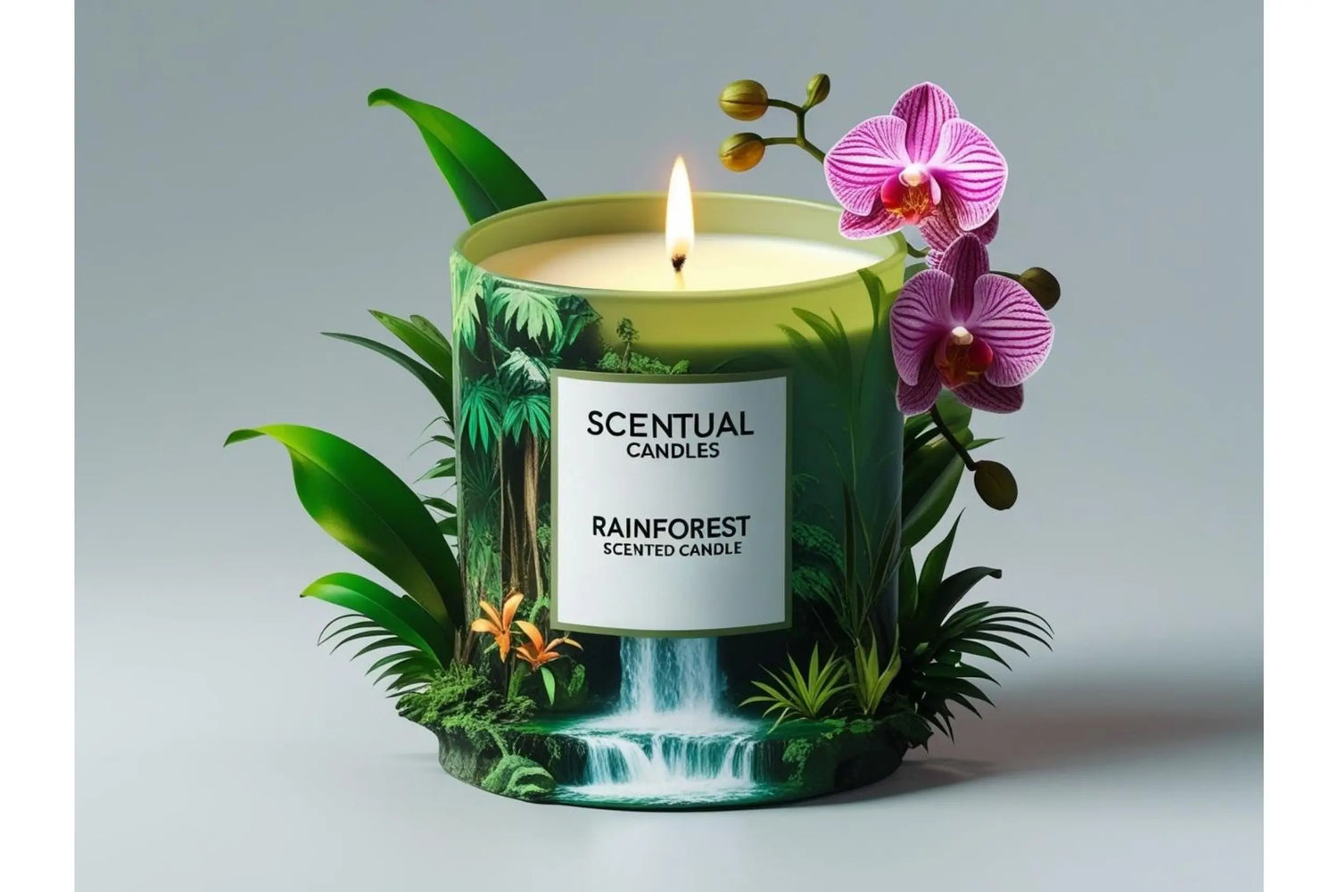 Scentual Candles Rainforest candle with decorative elements on a light gray background