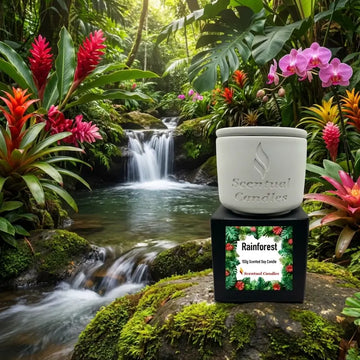 Sensual Candles Rainforest scented candle in a lush tropical setting with waterfalls and colorful flowers.