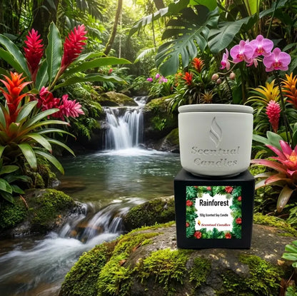 Sensual Candles Rainforest scented candle in a lush tropical setting with waterfalls and colorful flowers.