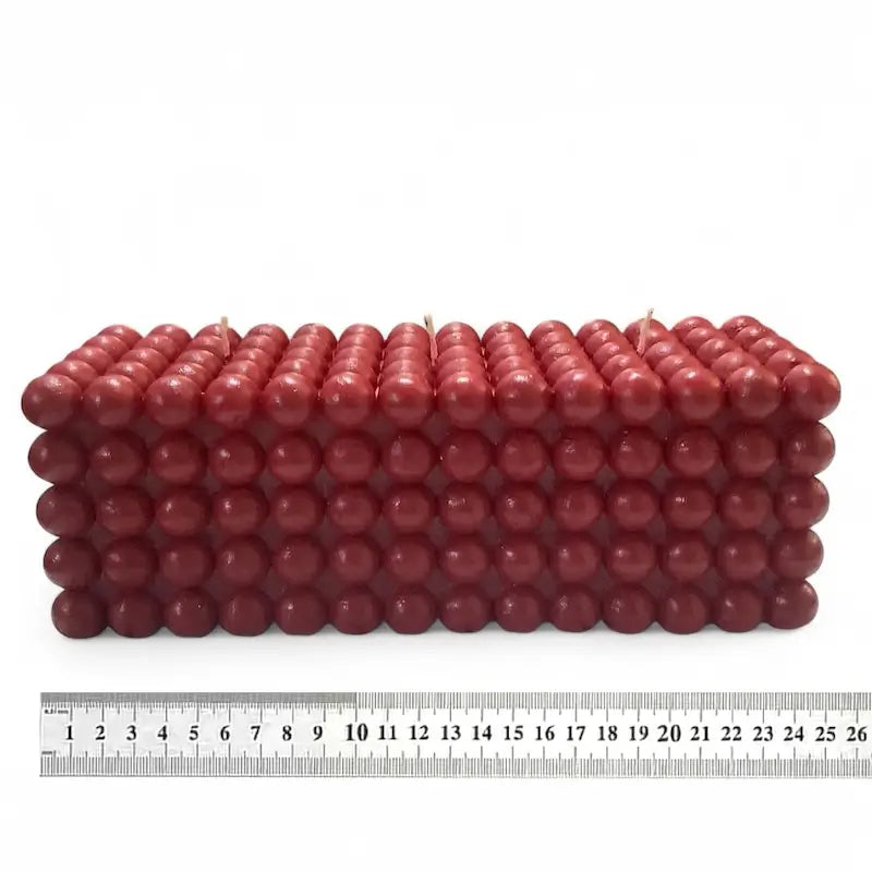 Bubble Candle - Elegant Three Wick Rectangle design with a rich red color and dimension measurements shown.