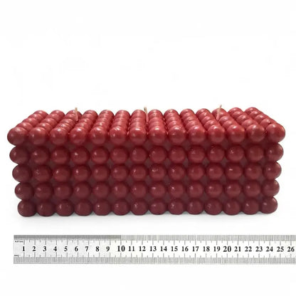 Bubble Candle - Elegant Three Wick Rectangle design with a rich red color and dimension measurements shown.