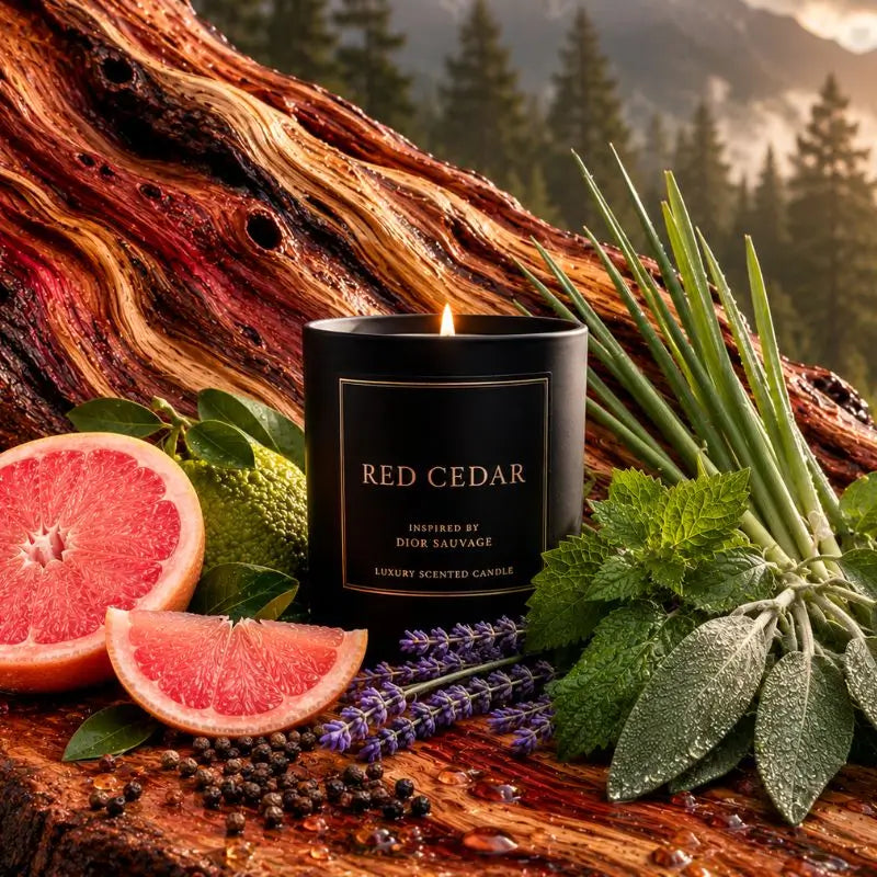 Red Cedar Candle inspired by Dior Sauvage with vibrant herbs and fruits on a wooden background.