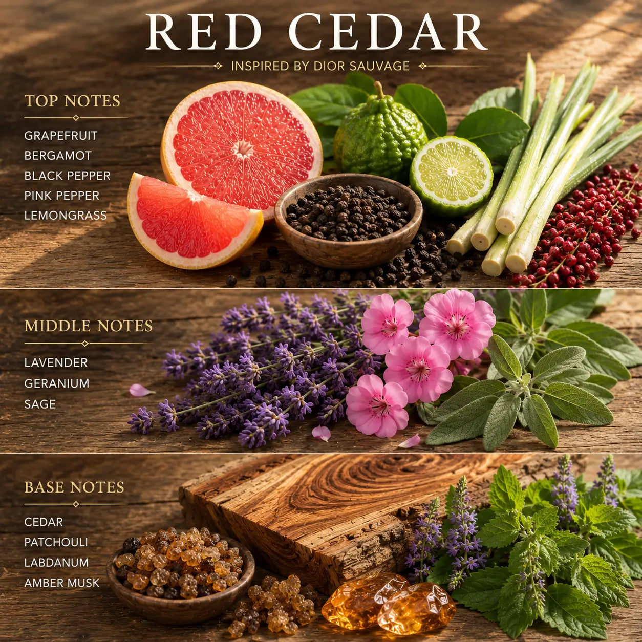 Red Cedar Candle ingredients display with top, middle, and base notes for a scented experience inspired by Dior Sauvage.