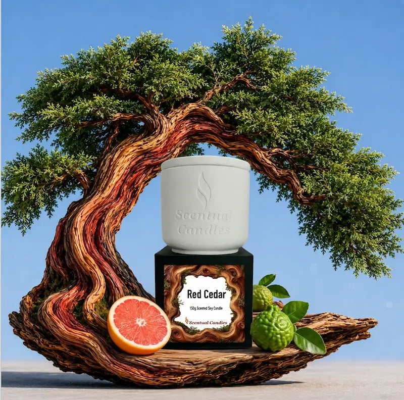 Red Cedar Candle displayed on a tree sculpture, featuring vibrant citrus and aromatic herbs, evoking luxury.