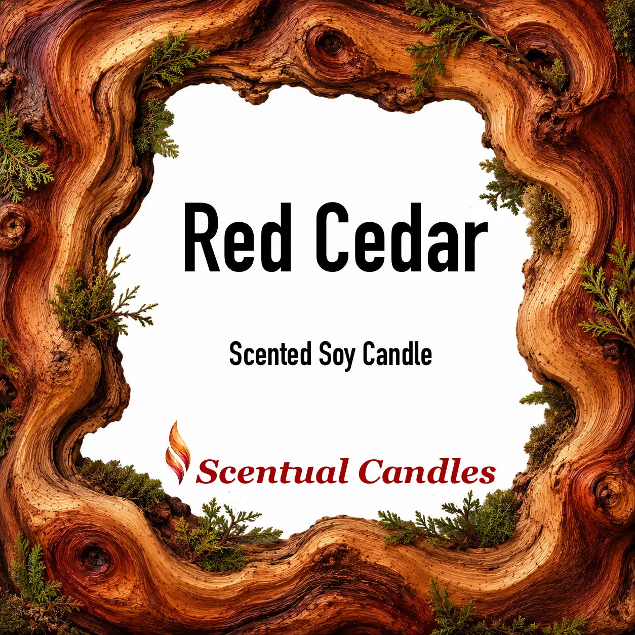 Red Cedar Candle displayed in a wooden frame, highlighting its scented soy candle features.