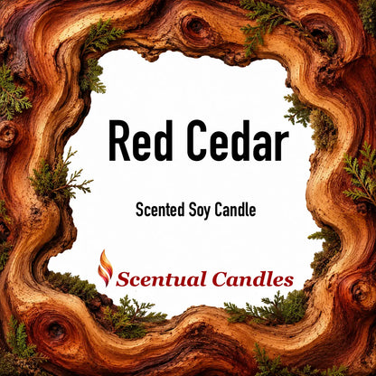 Red Cedar Candle displayed in a wooden frame, highlighting its scented soy candle features.