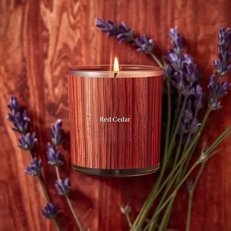 Red Cedar Candle on a wooden surface surrounded by lavender flowers, offering a warm ambiance.