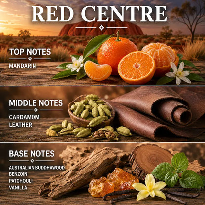 Spicy Vanilla Candle  'Red Centre' displaying ingredients on a desert background