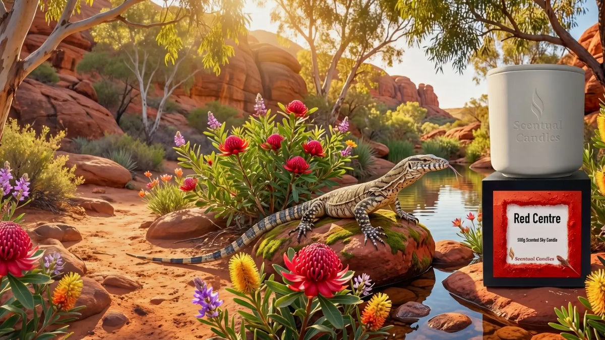 Red Centre Candle in an Oasis with a Peretie Monitor surrounded by Australian Flora