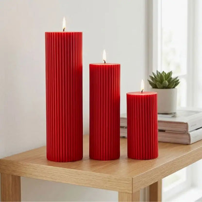 Ribbed Candles - Set of 3 Pillars in red, featuring clean vertical ribbing, perfect for home decor.