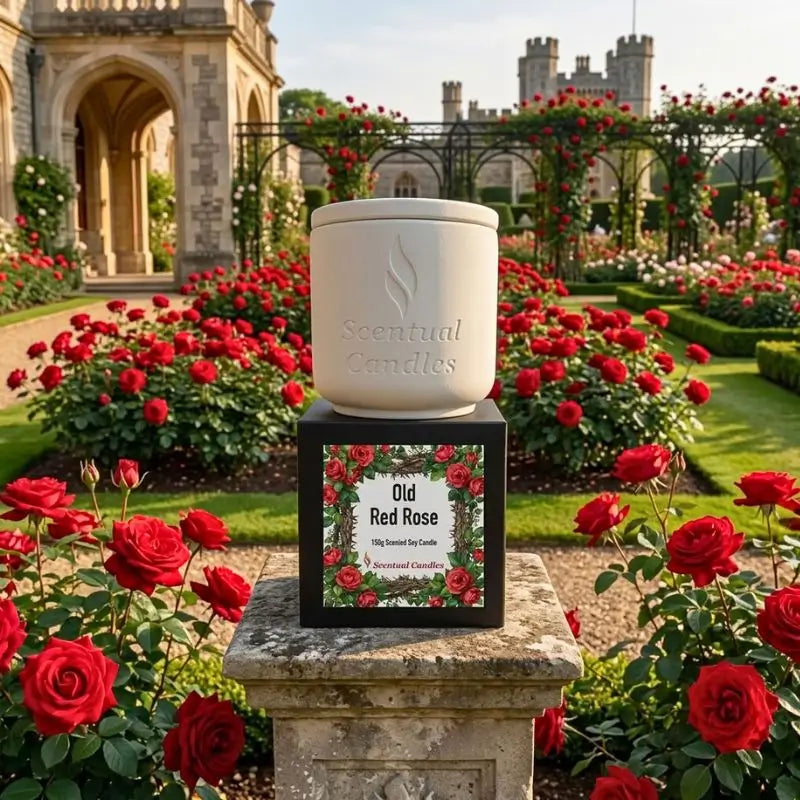 Rose Candle displayed in a rose garden, featuring the fragrance Old Red Rose by Scentual Candles.