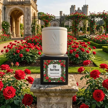Rose Candle displayed in a rose garden, featuring the fragrance Old Red Rose by Scentual Candles.