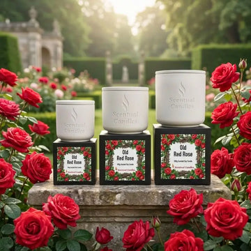 Rose Candle collection featuring Old Red Rose candles surrounded by blooming red roses in a lush garden setting.