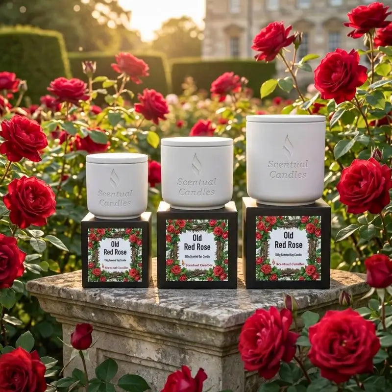 Rose Candle – Old Red Rose displayed among blooming red roses in a beautiful garden setting.