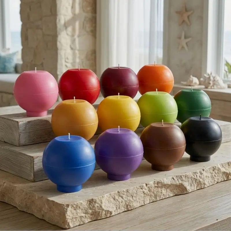 Round Candle collection in various customizable colors and scents displayed on rustic wooden table.