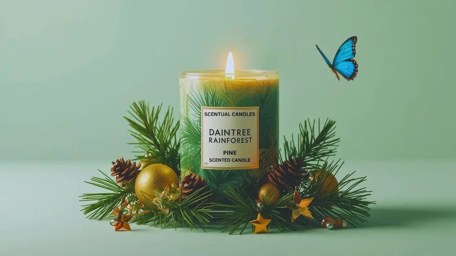 Pine scented candle with decorative elements and Christmas decorations with a blue butterfly and light green background